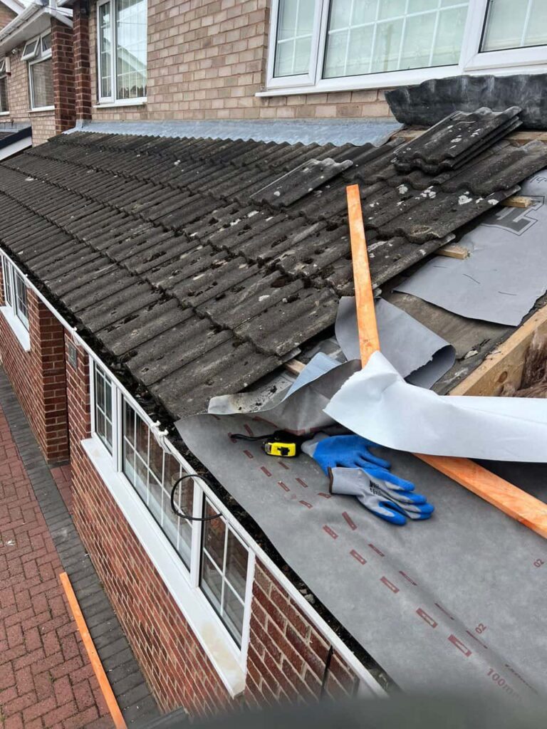 This is a photo of a pitched roof which is being repaired. The existing roof was leaking badly. Works carried out by Burntwood Roofing Repairs